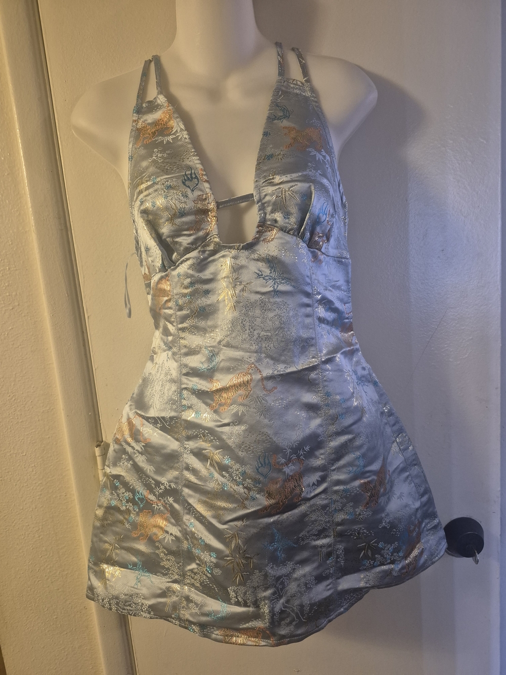 Urban Outfitters Silver Satin Mini Dress with Gold & Teal Accents